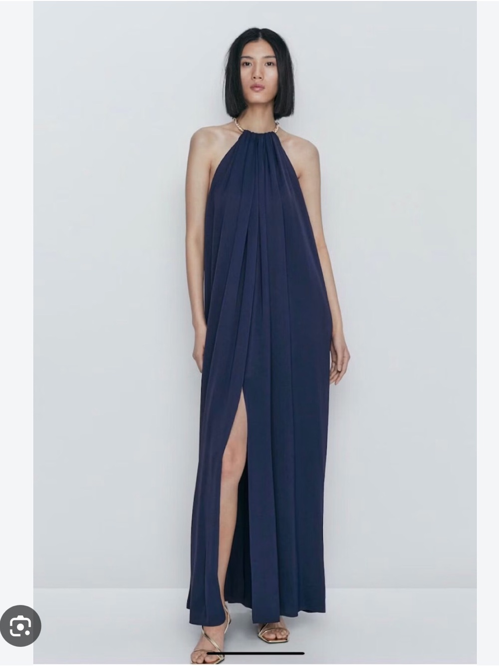Massimo Dutti Navy Halter Pleated Maxi with Thigh Slit